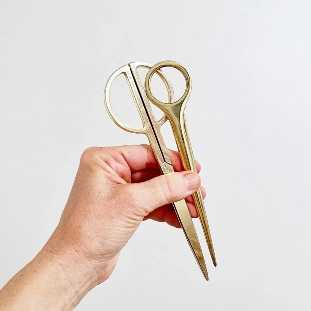 Vintage Modernist Solid Brass Gold Tone Scissors / Letter Opener Desk Set with H